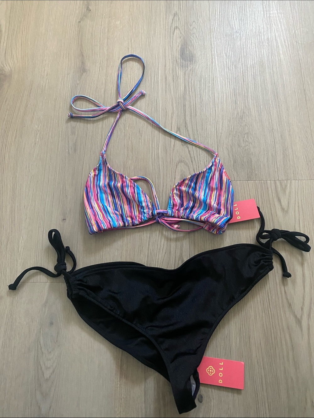 Striped Multicolor Triangle Bikini Top with Black Tie-Side Bottom